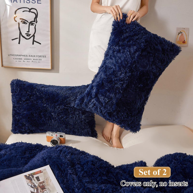 XeGe Faux Fur Throw Pillow Cases, Plush Shaggy Ultra Soft Pillow Covers, Fluffy Crystal Velvet Decorative Pillowcases, Furry Fuzzy Pillow Shams Zipper Closure, Set of 2 (King, Navy Blue) - Image 2